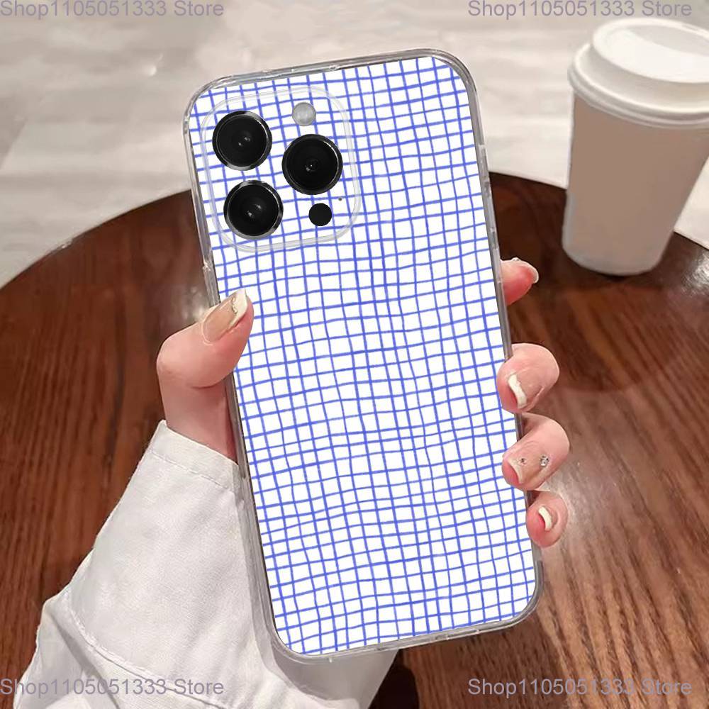 Ins Корейский Сине-белый Клетчатый Чехол для Телефона для iPhone 17,16,15,14,13,12,11 Plus,Pro,Max,XR,XS,Plus,E,SE4,Mini Прозрачная Крышка