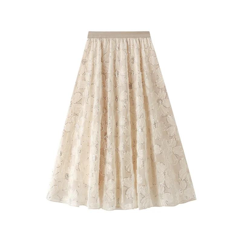 Qooth Женская сказочная блестящая сетчатая юбка-пачка с цветочным принтом, элегантная длинная тюлевая юбка трапециевидной формы с эластичной резинкой на талии QT2297