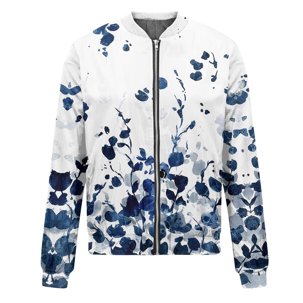 Женская модная повседневная куртка на молнии с длинным рукавом с принтом и круглым вырезом