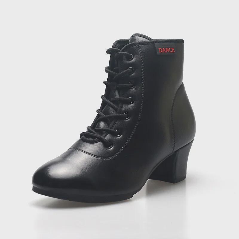 Женская обувь для танцев квадратной формы: Средний/высокий каблук, высокое голенище, мягкая подошва, тисненая кожа, идеально подходит для людей среднего/пожилого возраста, отлично подходит для осени/зимы.