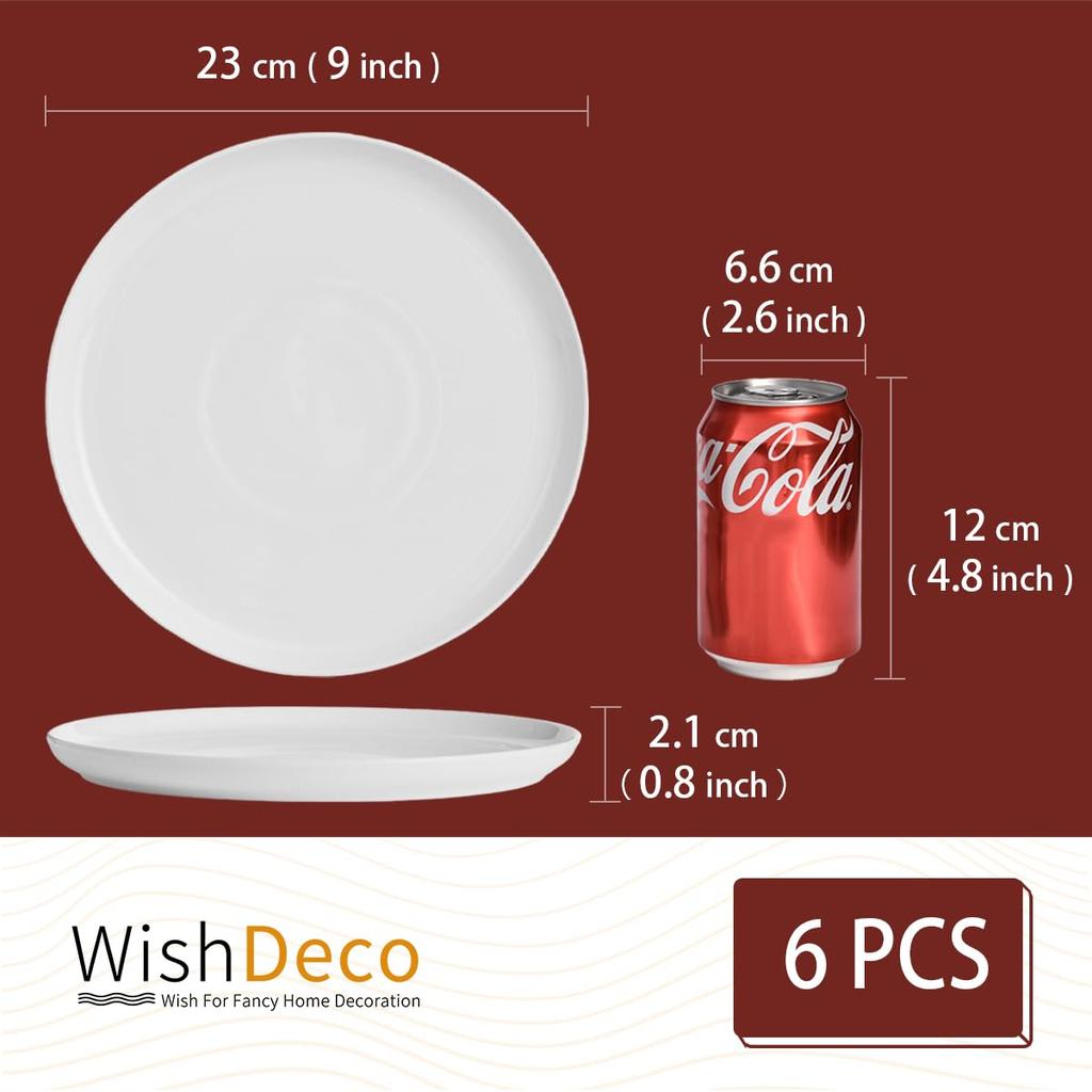 WishDeco Salad Set of Pasta Dinner 23cm Diameter X 2cm Stylish Round Dish Microwave and Dishwasher Safe Plates, 6, Plates, Plates, Approx. Height,