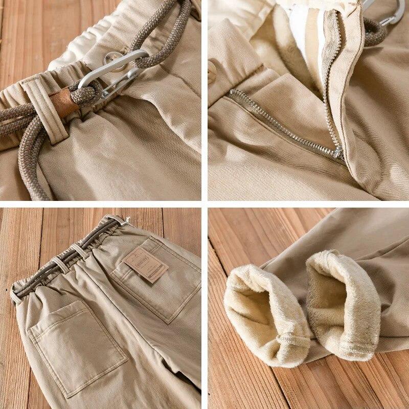 Осенне-зимние модные мужские брюки, повседневные брюки-карго, флисовые толстые теплые брюки с эластичной резинкой на талии и молодежным поясом