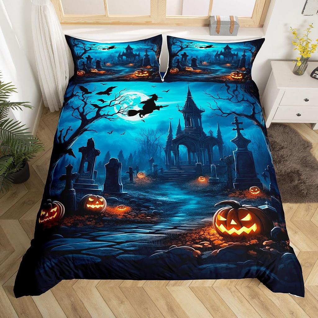Three-Piece Quilt Cover Horror Pumpkin Goth Halloween Digital Print Sheets Bedding Home Textiles