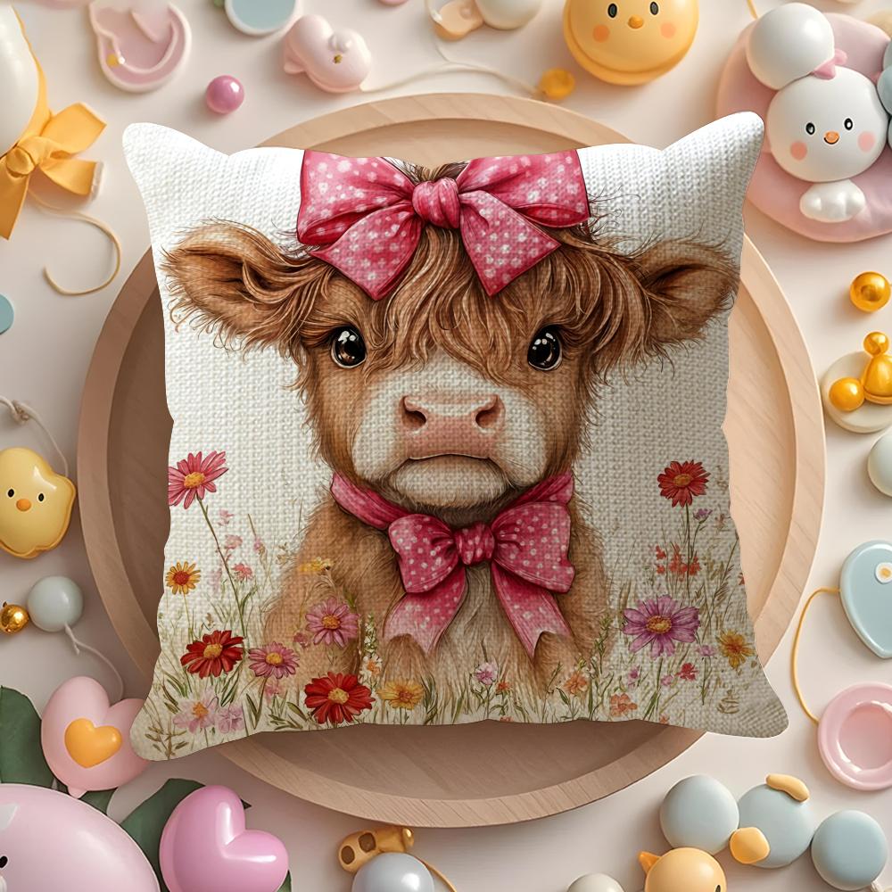 Highland cow and flower Cushion Cover Natural Linen Organic Fabric DoubleSided Printing Sofa Home Decor Gift Pillow Cover