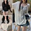 Women Knitting Hollow Design Tops V-Neck Straps Collar Long Sleeve Pullover Tops Solid Color Sun Protection Tops