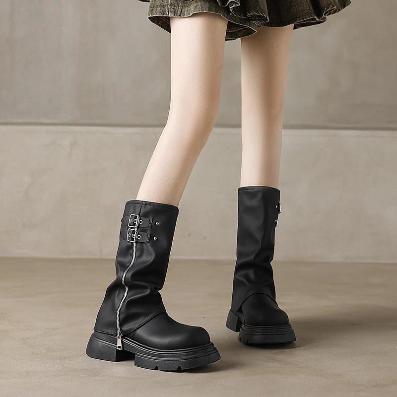 Мода 2024 года, новые туфли для женщин, женские ботинки с пряжкой на ремне, модные современные ботинки с боковой молнией, женские высококачественные ботинки с круглым носком длиной до середины икры, Zapatos
