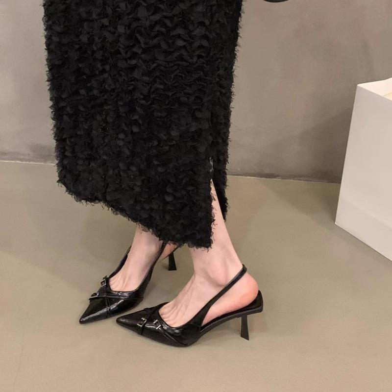 Нишевые французские черные туфли на высоком каблуке, сумка, сандалии с головкой, женская обувь 2025, новая летняя темпераментная обувь для светской львицы с острым носком, одинарные туфли