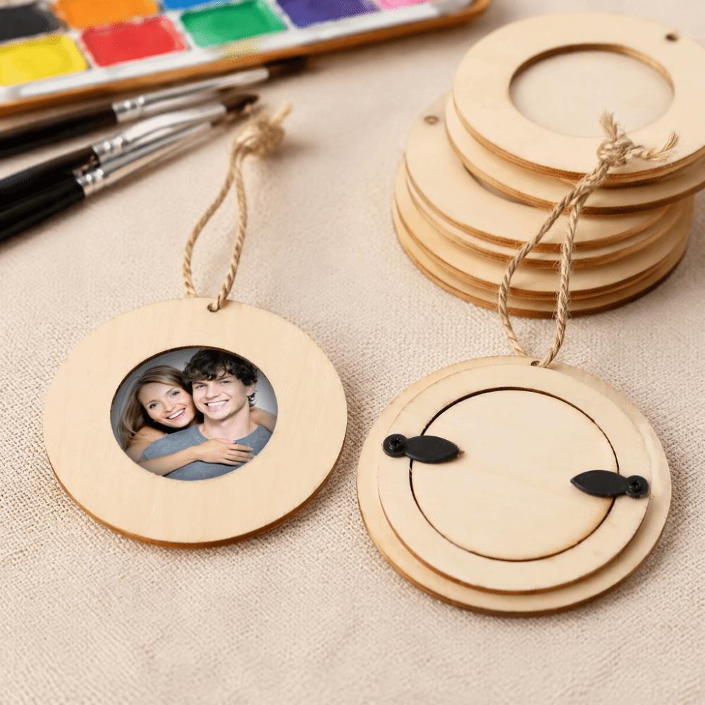 10Pcs Set Hanging Rope Round Wooden Frame 3.94in DIY Wooden Crafts Christmas Party Decor