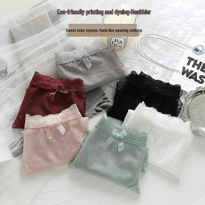 Женские бесшовные сексуальные сетчатые трусики с кружевной отделкой и бантиком
