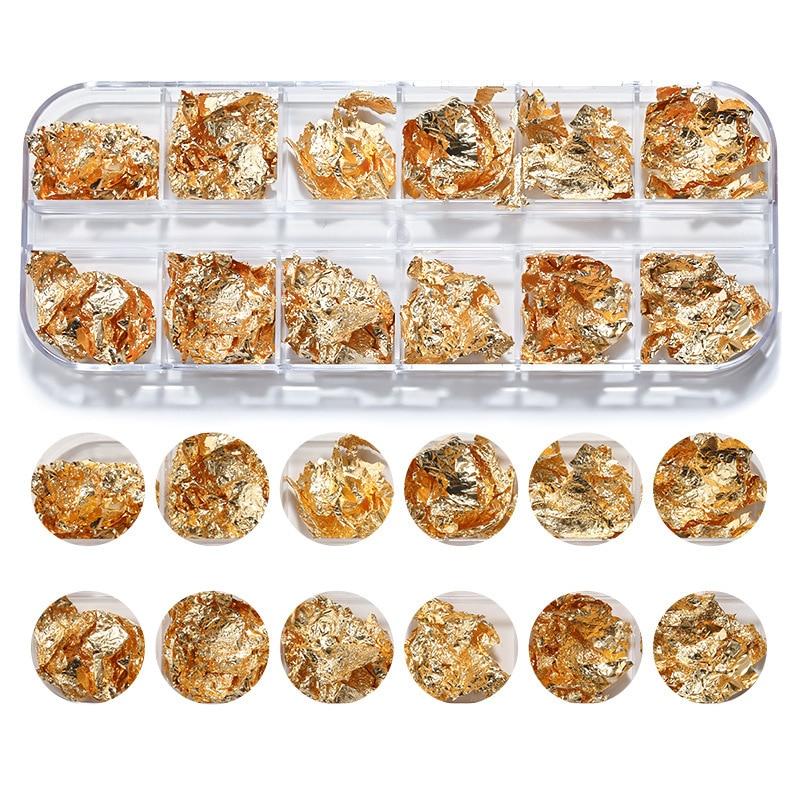 12 сеток/коробка, металлическая фольга для ногтей, алюминиевая бумага, украшения для дизайна ногтей, золото, серебро, розовое золото