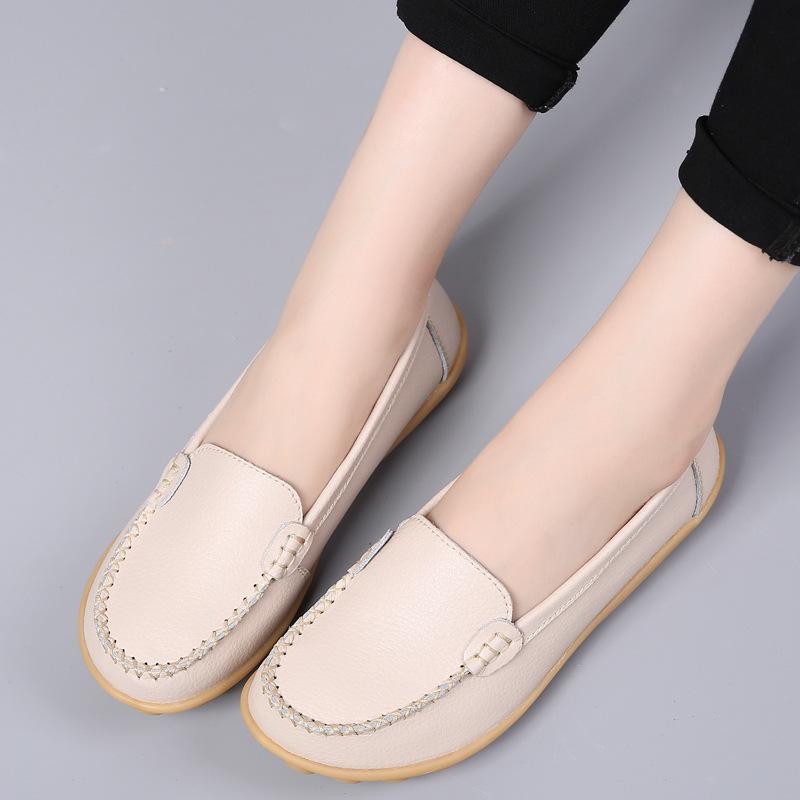 2024 Spring Women Round Toe Shallow Flat Shoes Leather Breathable Moccasins Women Boat Shoes Ballerina Ladies Casual Shoes 34-44