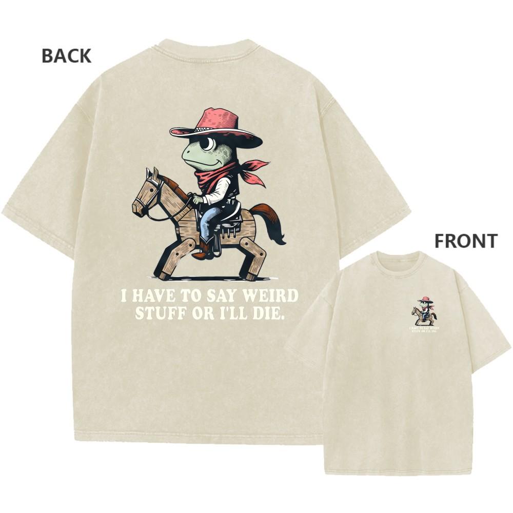 Mens Vintage Oversized Washed TShirt Retro Funny Cowboy Frog Casual Streetwear