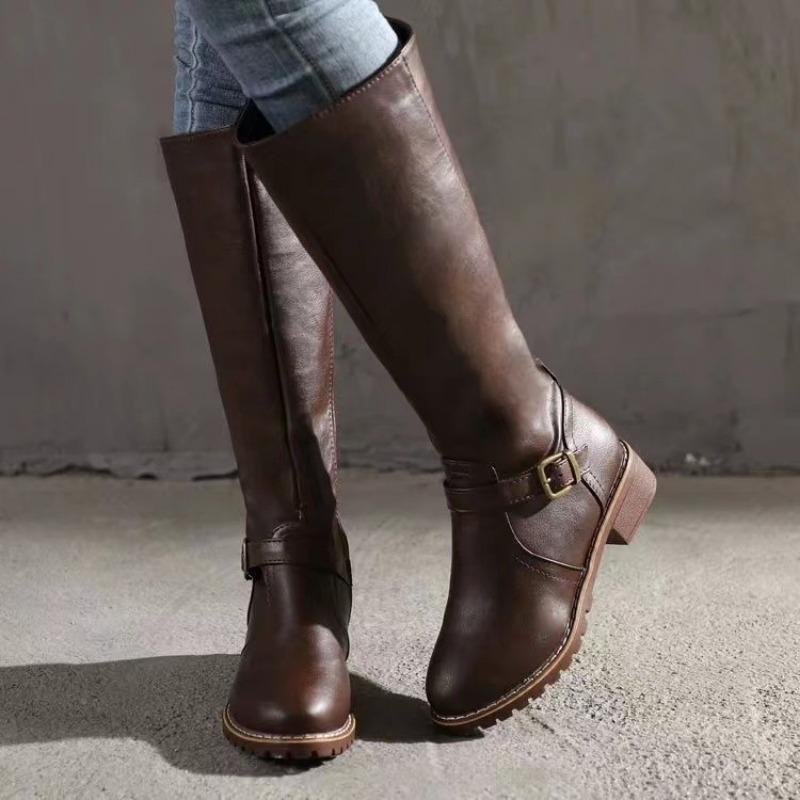 Shoes for Women 2024 Hot Sale Zipper Women's Boots Autumn Round Toe Solid Mid-Calf Buckle Decoration Low-heeled Western Boots