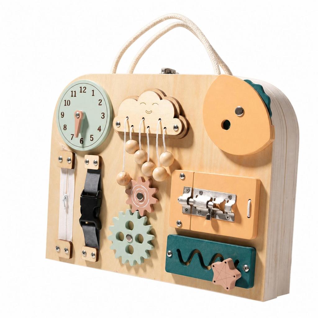Portable Wooden Busy Board with Handle Compact Child-Led
