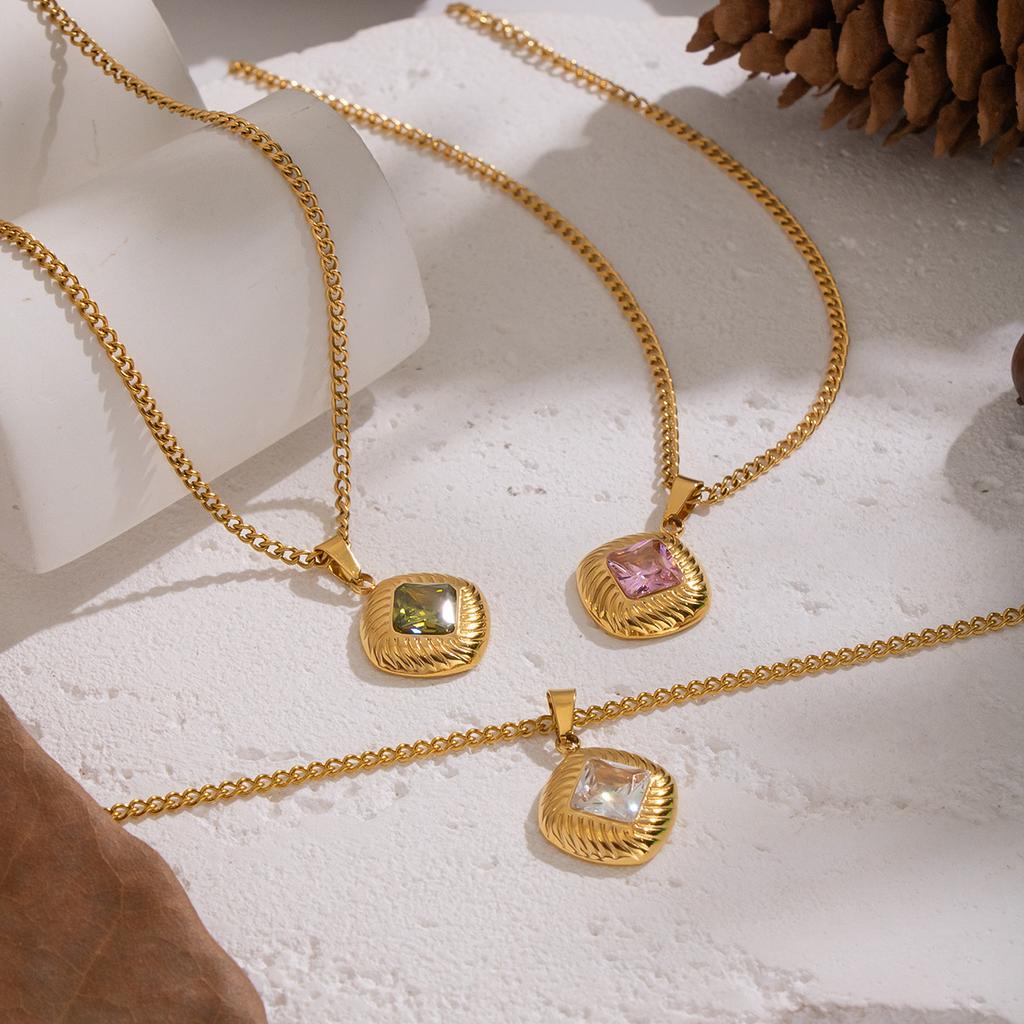 DIEYURO 316L Stainless Steel Retro Striped Square Zircon Pendant Necklace Lady New Luxury Classic Waterproof Neck Chain Jewelry