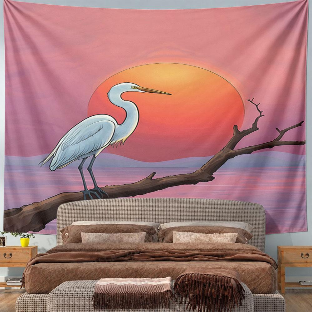 Egret at Sunset on a Serene Lake Pattern Wall Hanging Tapestry Decorative Tapestry Home Decor for Bedroom and Living Room