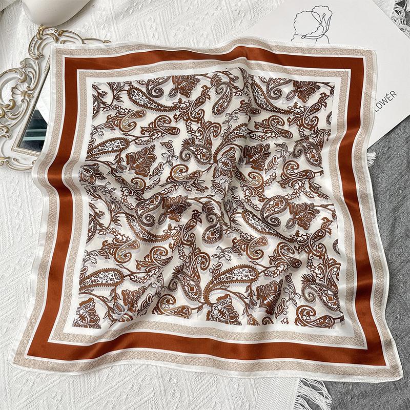 1pcs 70cm Leaf Cashew Flower Silk Scarf for Women Imitation Silk Retro All-match Headwear Bag Decoration Clothing Square Scarf