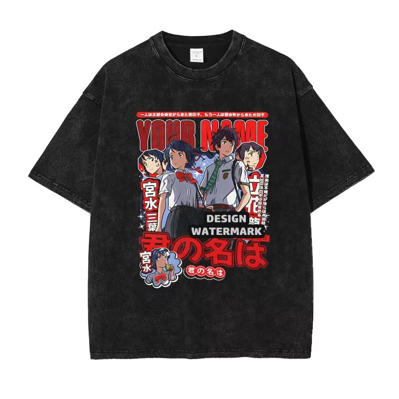 2026 new Oversized Your Name Taki Mitsuha Summer T-Shirt, Vintage Washed Anime Graphic Streetwear for Men Women