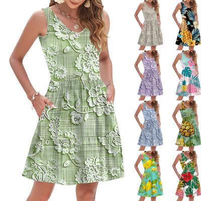 Женское летнее модное повседневное платье-жилет без рукавов с V-образным вырезом, плиссировкой и гавайским цветочным принтом
