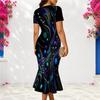 Women Plus Size V Neck Short Sleeve Black Green Gold Printed Fitted Fishtail Dress