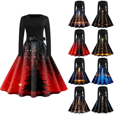 Женское винтажное классическое платье с воротником на талии и галстуком-бабочкой с длинными рукавами и рождественским принтом, с круглым вырезом, свободное платье