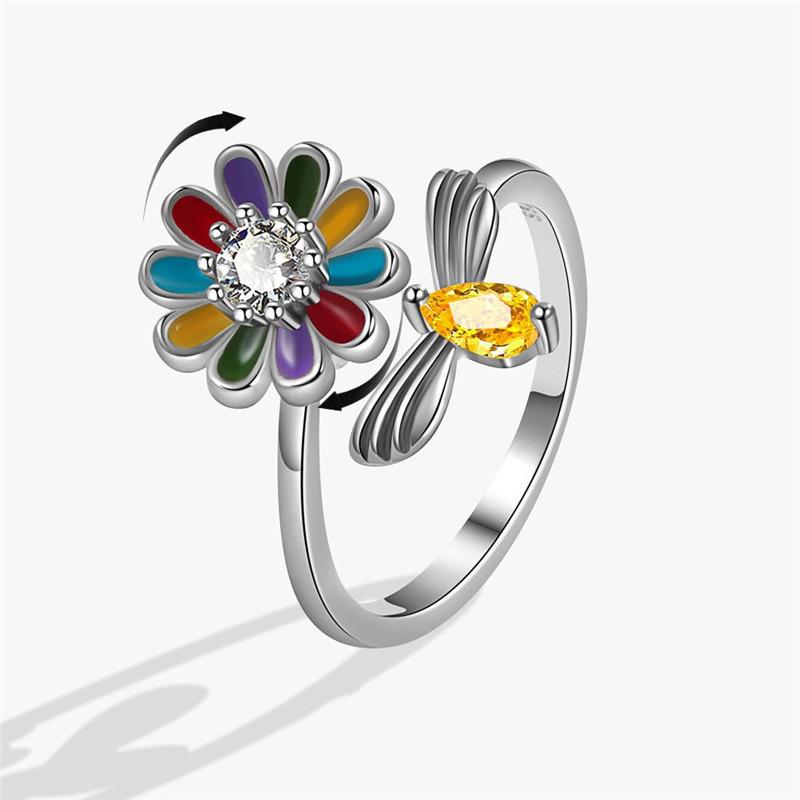 Fashion Beads Anxiety Ring Fidget Spinner Rings Korea Crystal Butterfly Flower Star Moon Ring Anti Stress Jewelry Gift