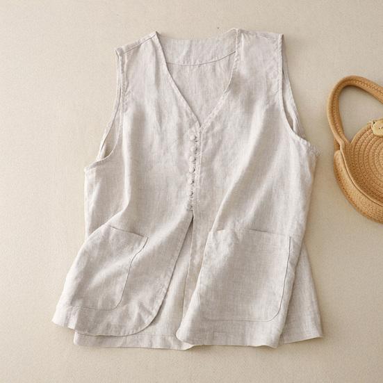 Хлопково-льняной жилет для женщин летний без рукавов кардиган повседневный на пуговицах короткая куртка