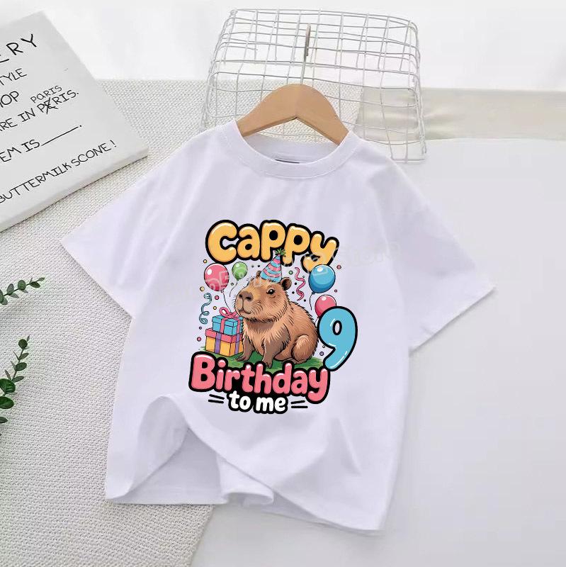 Capybara Numbers Round Neck Clothes Children Birthday T-Shirts Cartoon Tops Summer Girl T Shirt Animal White Shirts Kid Clothing
