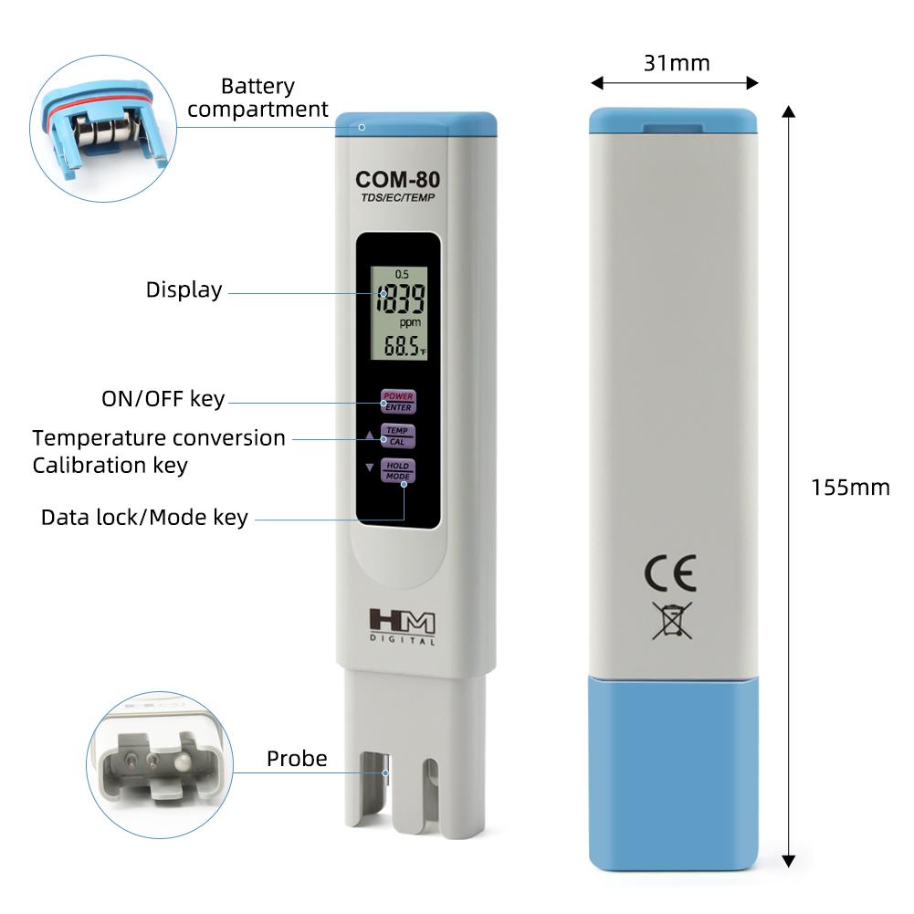 Yieryi COM-80 TDS EC TEMP Метр Цифровой тестер качества воды Монитор проводимости и температуры Для питьевой воды Аквариум Гидропоника