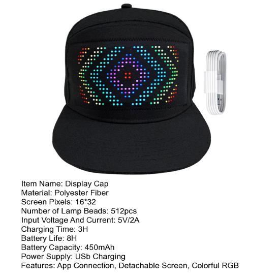 Светодиодная пиксельная крышка для экрана RGB Цветная светодиодная крышка для экрана Подключение к приложению Съемный экран USB-зарядка Дисплей Сообщение Кепка Регулируемая пряжка Кепка для вечеринки