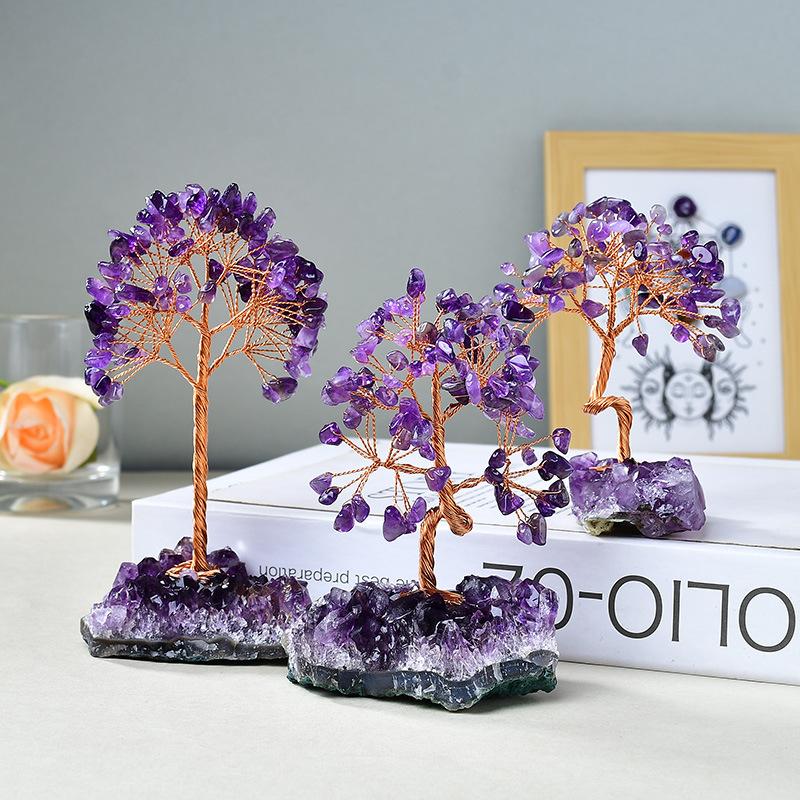 Cross-border Eco-friendly Engraved Natural Amethyst Cluster Base Money Tree Ornament Home Decoration Fortune Tree