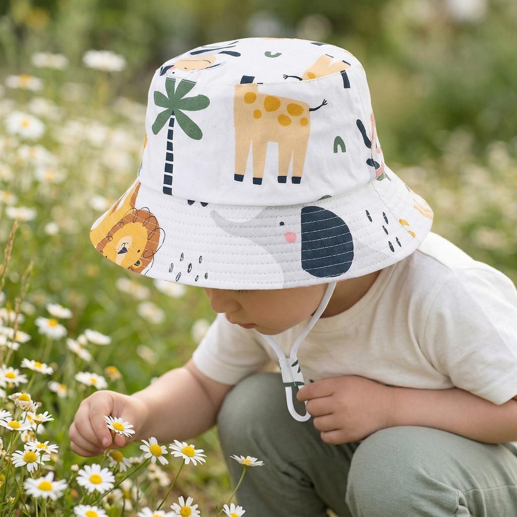 New Summer Baby Hat Cartoon Print Wide Brim Fisherman Hat for Boys Girls Adjustable Chin Strap Infant Beach Cap