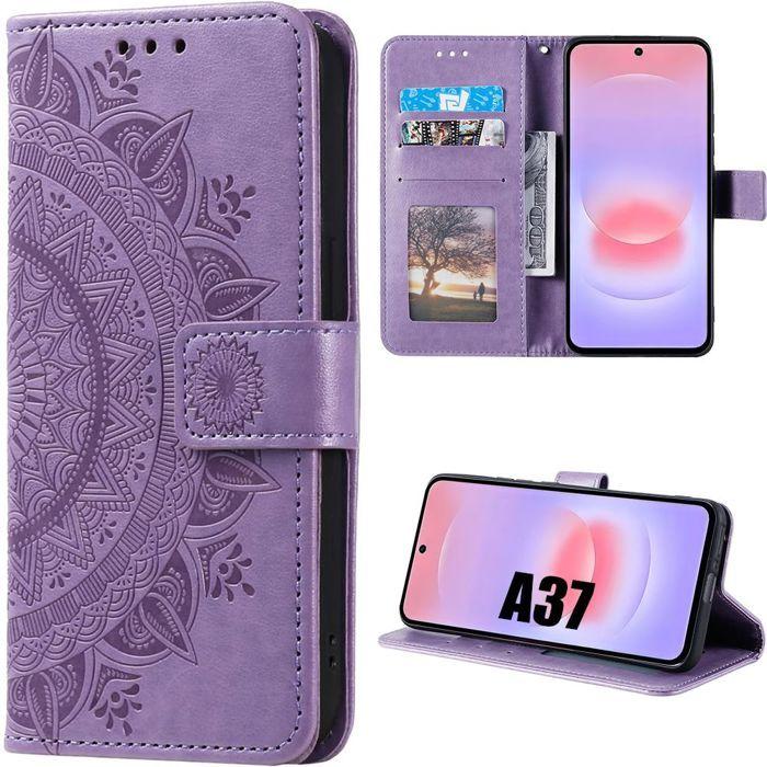 Coque pour Samsung Galaxy A37 5G, Protection Rabat Cuir Synthétique Antichoc Violet Motif Mandala