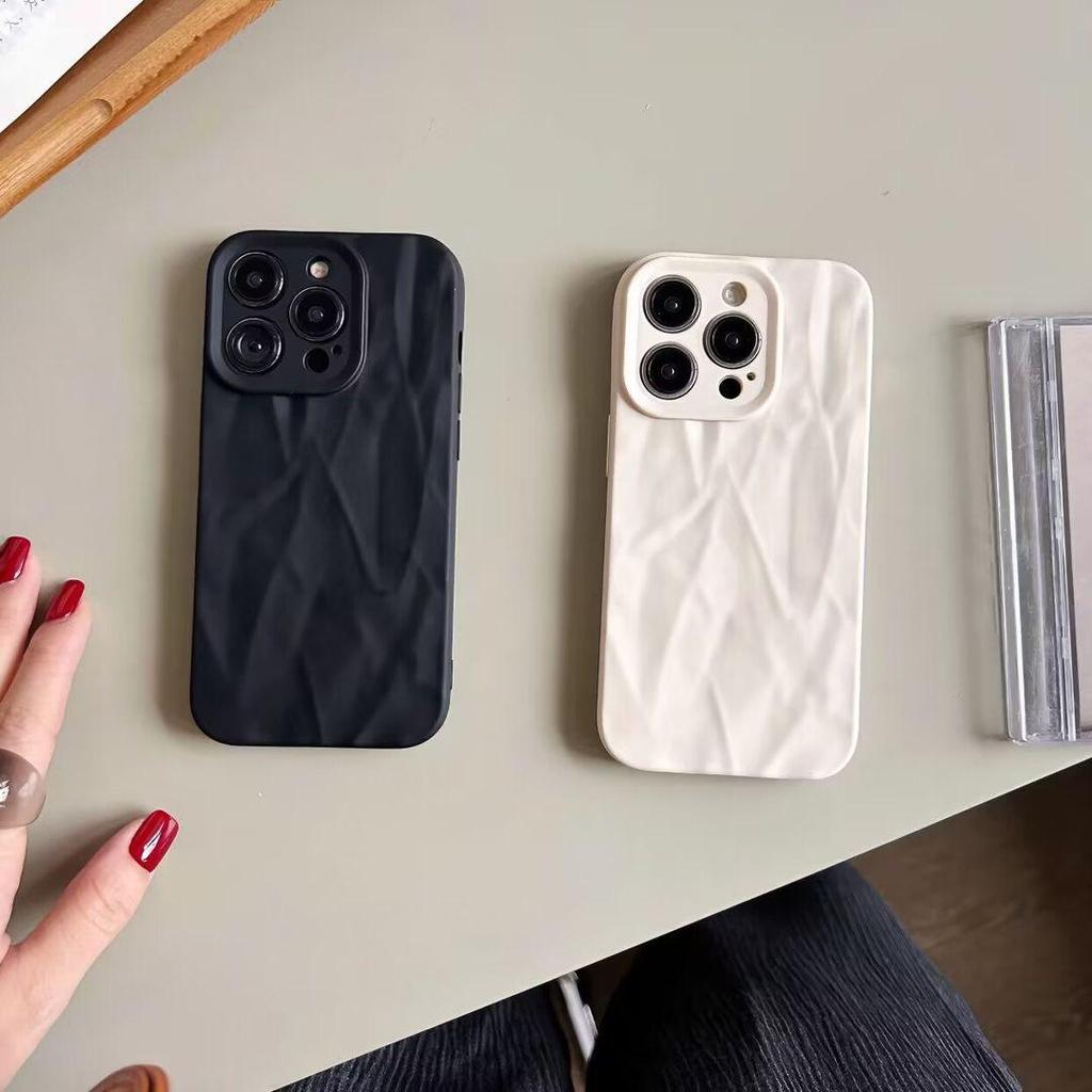 iPhone14 Pro Black and White Pleated Mobile Phone Case - Anti-Fall Soft Shell for XS, XR, 13, 12, 15