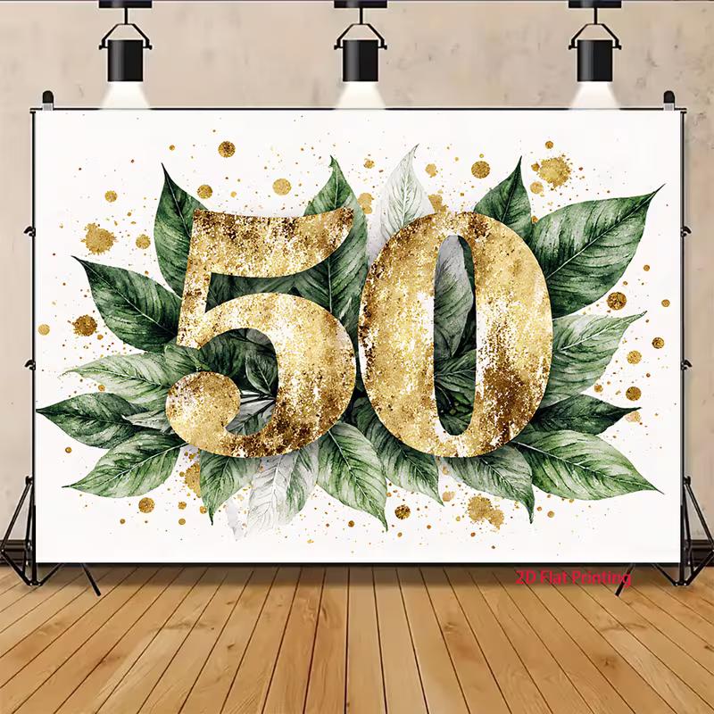 2D Gold Green Leaves 50th Birthday Photography Backdrop, Adult Birthday Decor