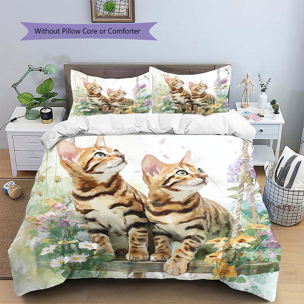 Постельное белье с рисунком бенгальской кошки Домашний декор Подарок на день рождения (1 пододеяльник + 2 наволочки, без наполнителя)