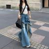 Women Retro Irregular Design Splicing Jeans Street Hot Girl Fake Two-piece Flared Pants Loose Thin Pants