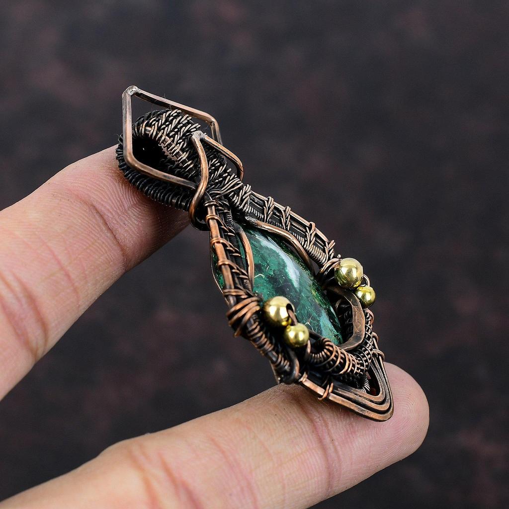 Кулон из куприта и хризоколлы, обернутый медной проволокой, подвеска ручной работы, фантастическое ювелирное изделие из драгоценных камней, обернутый медной проволокой, подарок для него