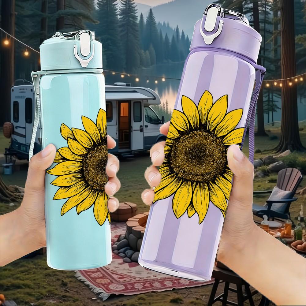 1PC Yellow Sunflower Bloom 750ml Color Plastic Sports Water Bottle Leakproof Flip Straw Lid Suitable for Sports Office Home Use