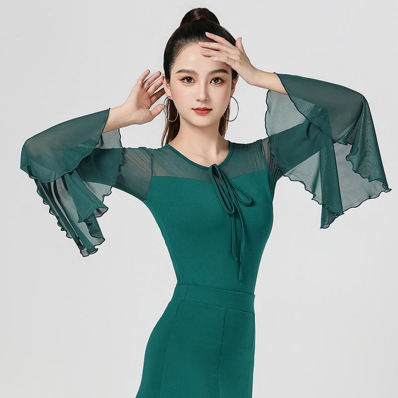 Women's Dance Suit Top Line Dance Clothing Summer Black Long Sleeve Mesh Ballroom Modern Female Dance Suit Samba Party Dresses