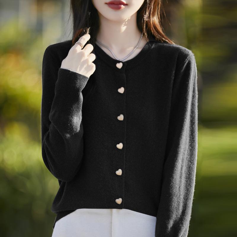 Minimalist Solid Basic Structured Shoulder Versatile Long Sleeve Knit Cardigan Heart Button Round Neck Sweater Women