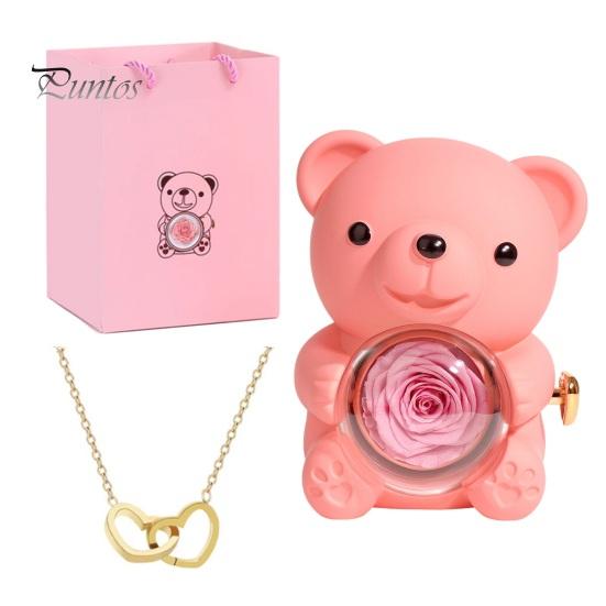 Консервированная роза, подарок в виде медведя-обнимашки с ожерельем в виде сердца, вращающаяся вечная подарочная коробка с цветком-медведем для жены, мамы, бабушки, девушки, подарок на день святого Валентина, день рождения