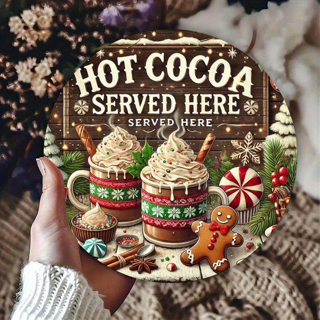 Hot Cocoa Served Here Christmas Gingerbread Round Metal Tin Sign D Flat Winter Holiday Wall Plaque For Home Decor