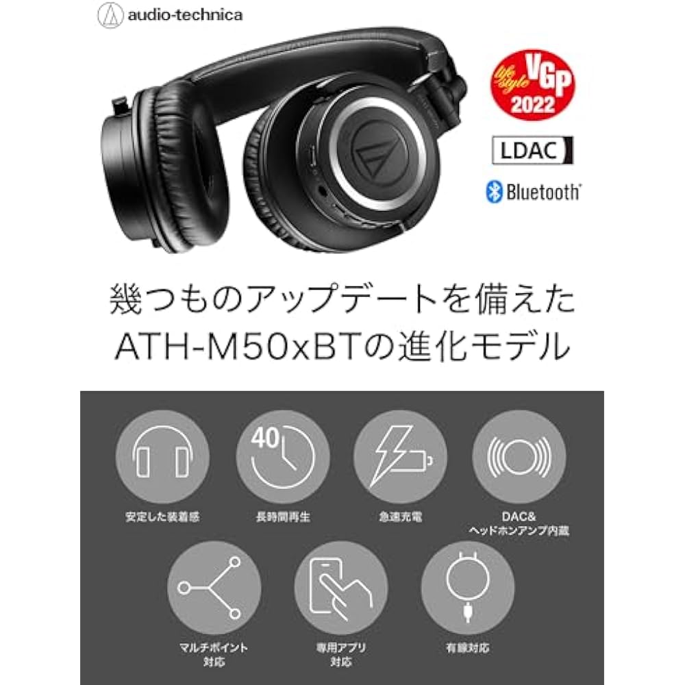 Audio-Technica ATH-M50xBT2 Беспроводные наушники DJ-наушники Bluetooth Проводные наушники 45 мм Больш...