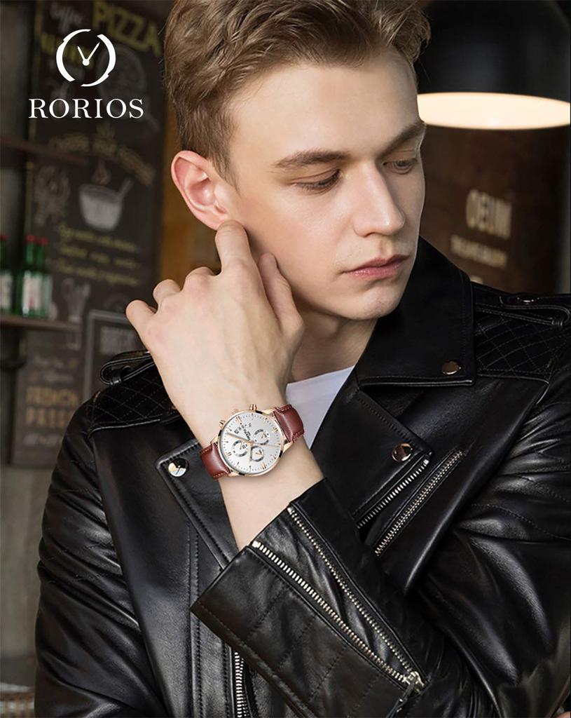 Часы RORIOS Часы Дата Кварцевый Секундомер Стильные Кожаные Светящиеся Аналоговые Часы Хронограф Многофункциональные Бизнес Часы Из Нержавеющей Стали Дата Путешествия