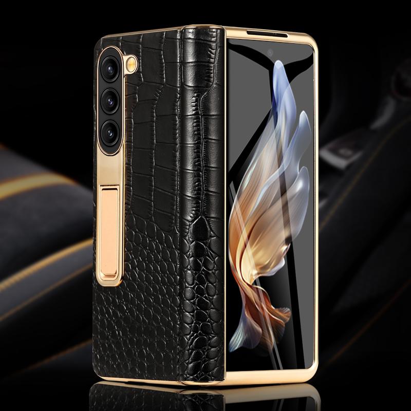 Кожаный чехол для телефона Samsung Galaxy Z Fold 6 5 4 3 Fold6 Fold5 с позолоченным магнитным шарниром и подставкой, задняя крышка с зеркальной пленкой