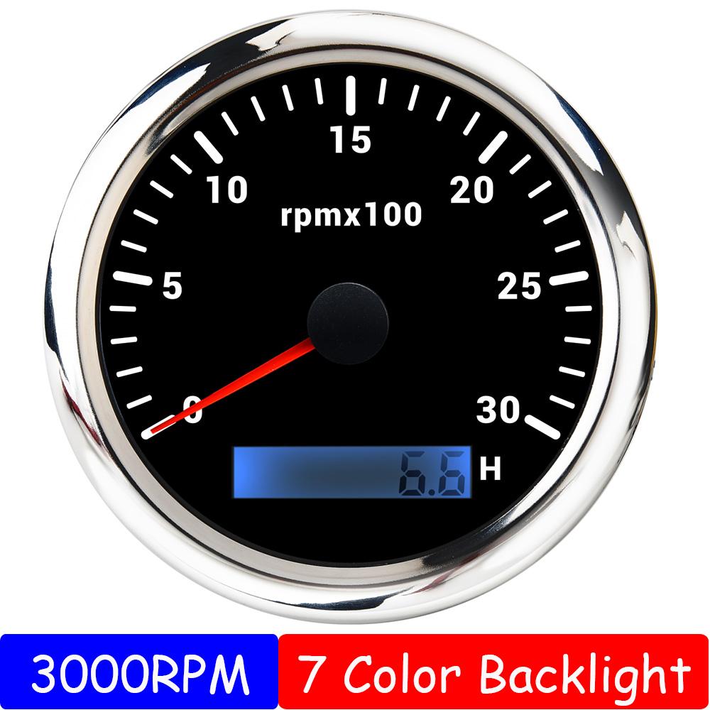 85MM Diesel Engine Tachometer 3000/4000/6000/8000 RPM Gauge REV Counter with Digital Hourmeter 7 Color Backlight 12V 24V
