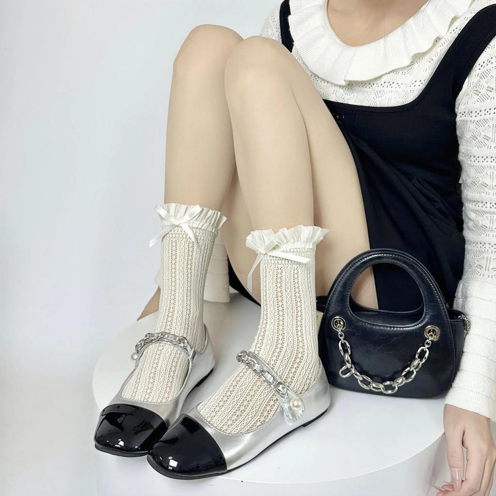 Socks Woman Summer Hollow Lace Bowknot Lolita Solid Color Socks Middle Tube Thin Casual White Sweet Girls Stockings