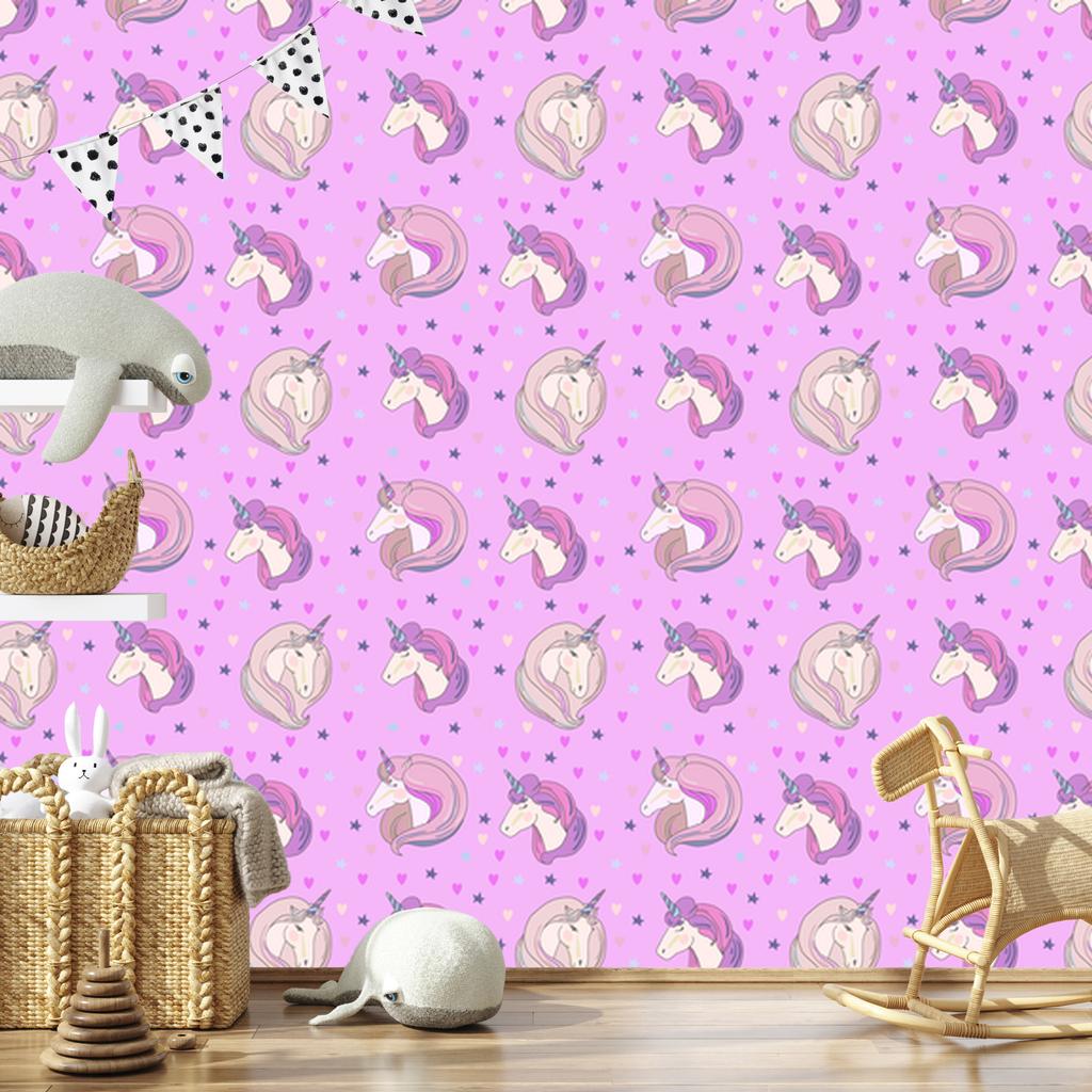 Wallpaper Unicorns in front of stars and hearts for living room and bedroom 50x1000