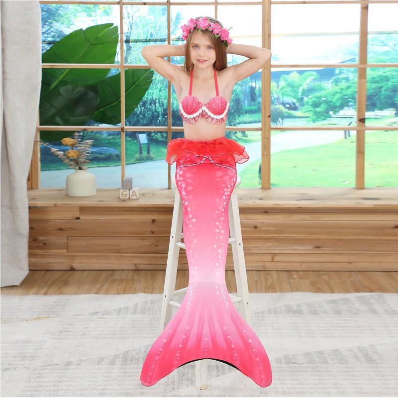 Kids Mermaid Swimsuit Set Girls 3-Piece Bikini Swimwear With High Elasticity Solid Color Toddler Swimming Outfit